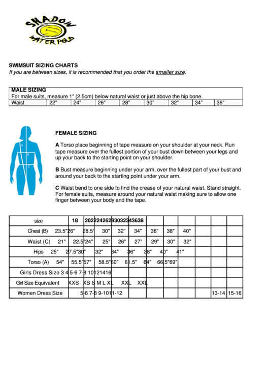 Shadow Water Polo Swimsuit Sizing Charts Printable pdf