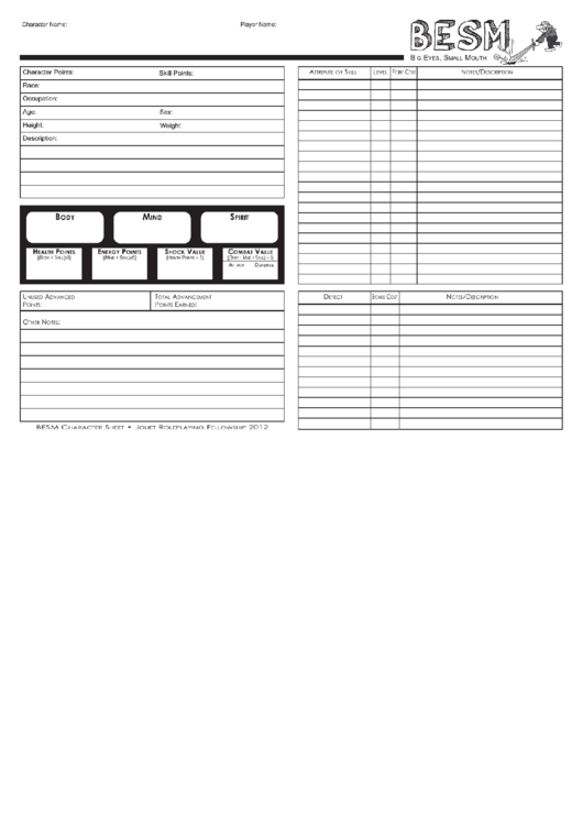 Fillable Besm Character Sheet Printable pdf