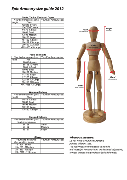 Epic Armoury Size Guide 2012 Printable pdf
