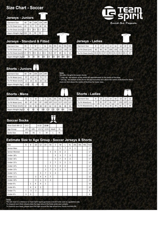 Team Spirit Soccer Size Chart Printable pdf