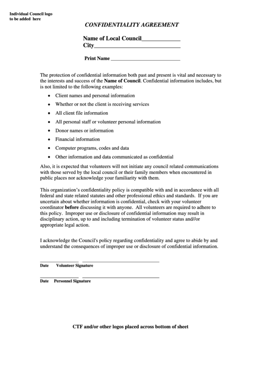 Sample Confidentiality Agreement Template Printable pdf