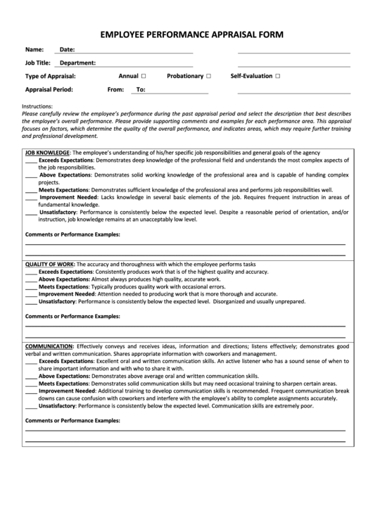 Employee Performance Appraisal Form Printable pdf