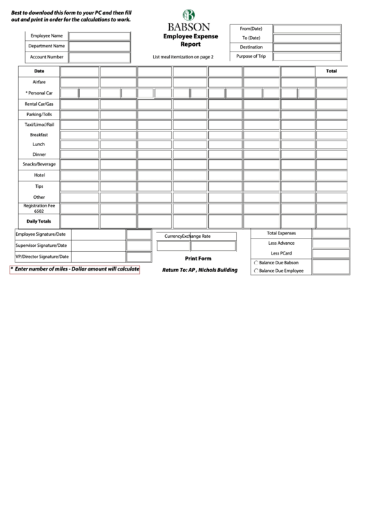 Fillable Employee Expense Report Printable pdf