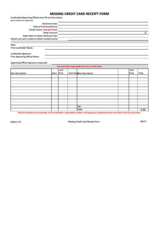 Missing Credit Card Receipt Form Printable Pdf Download