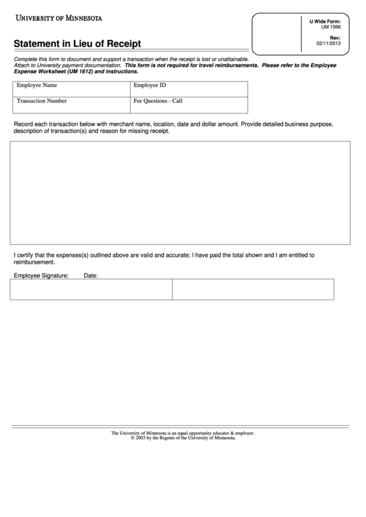 Fillable Statement In Lieu Of Receipt Form Printable pdf