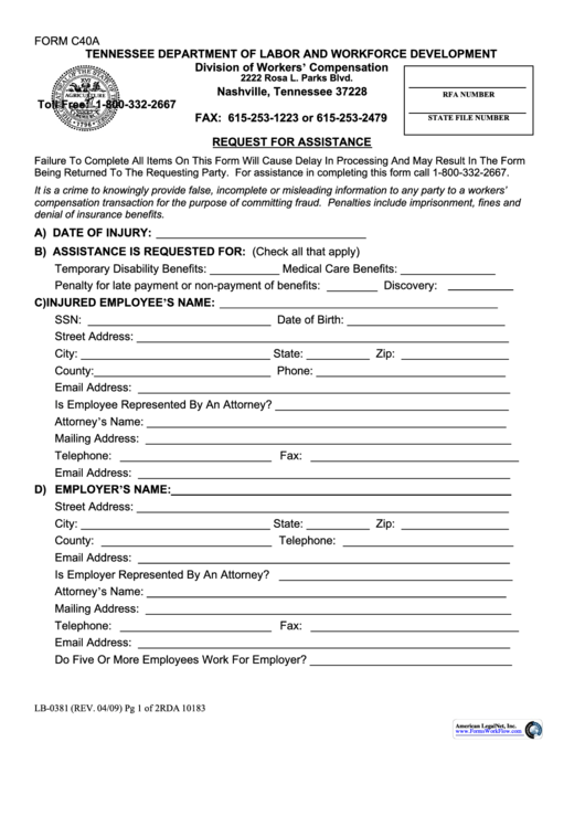 Fillable Request For Assistance Form C40a Printable pdf
