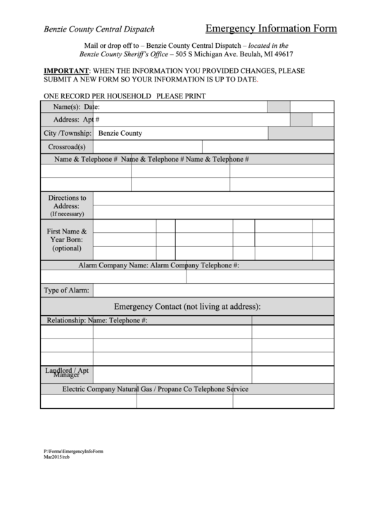 Benzie County Central Dispatch Emergency Information Form Printable pdf