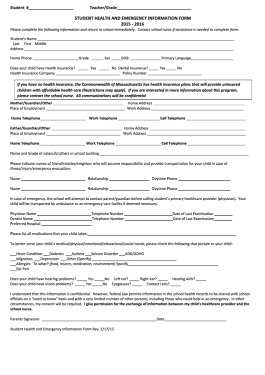 Student Health And Emergency Information Form Printable pdf