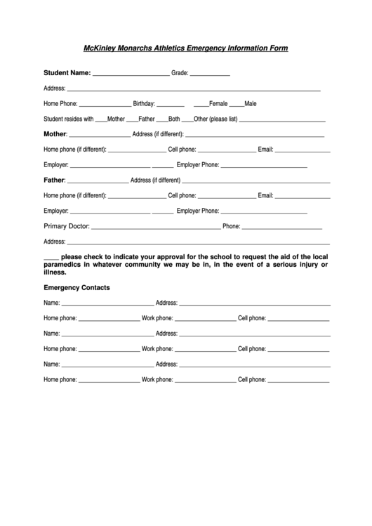 Fillable Mckinley Monarchs Athletics Emergency Information Form Printable pdf