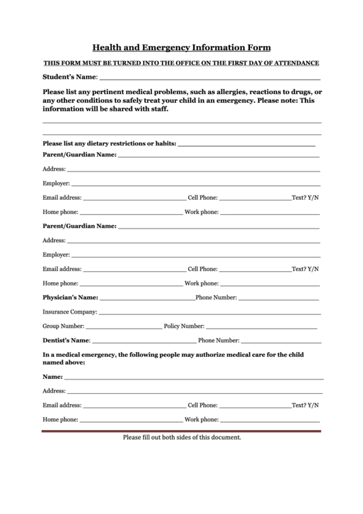 Health And Emergency Information Form Printable pdf