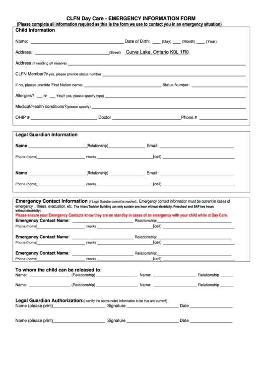 Clfn Day Care - Emergency Information Form Printable pdf