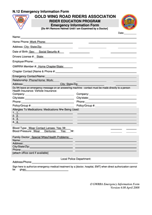 Fillable Rider Education Program Emergency Information Form Printable pdf