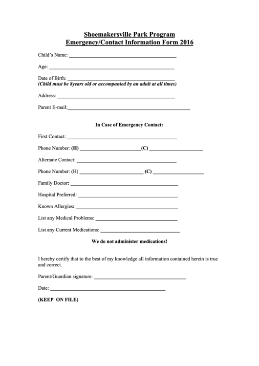 Fillable Shoemakersville Park Program Emergency/contact Information Form Printable pdf
