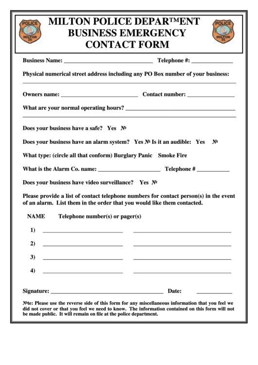 Milton Police Department Business Emergency Contact Form Printable pdf