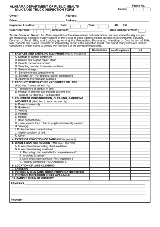 Alabama Department Of Public Health Milk Tank Truck Inspection Form Printable pdf