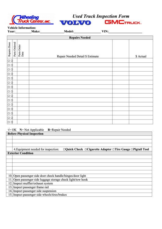 Used Truck Inspection Form Printable pdf