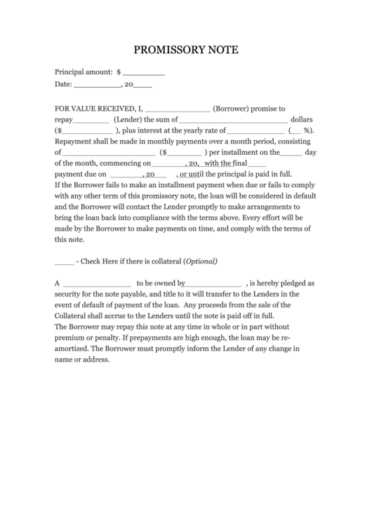 Fillable Promissory Note Printable pdf