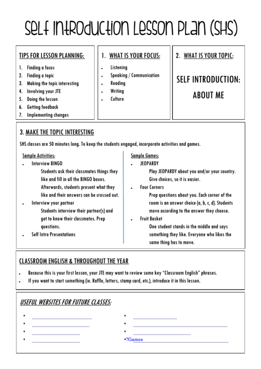 Self Introduction Lesson Plan (Shs) Printable pdf