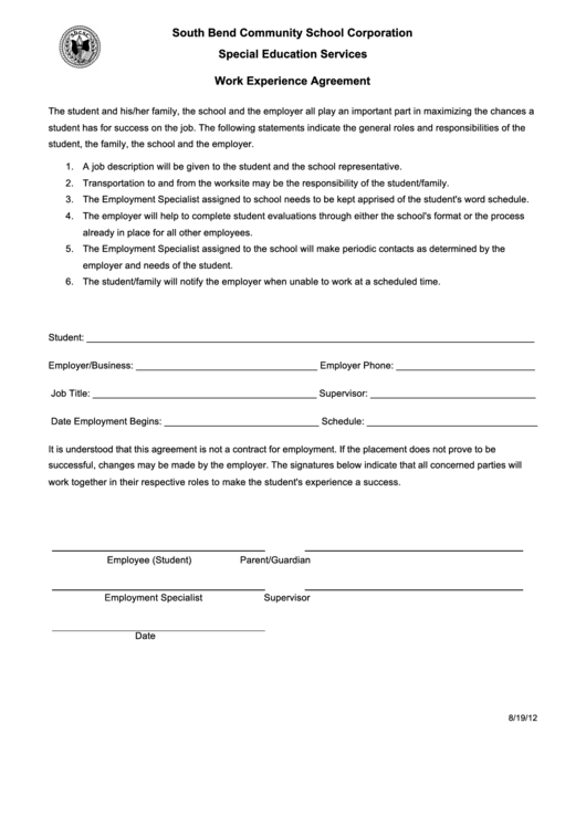 Work Experience Agreement Printable pdf