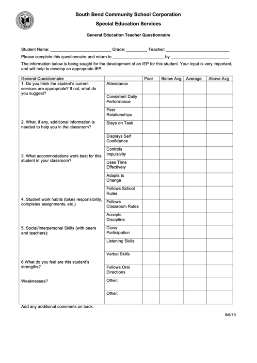 Fillable General Education Teacher Questionnaire Printable pdf