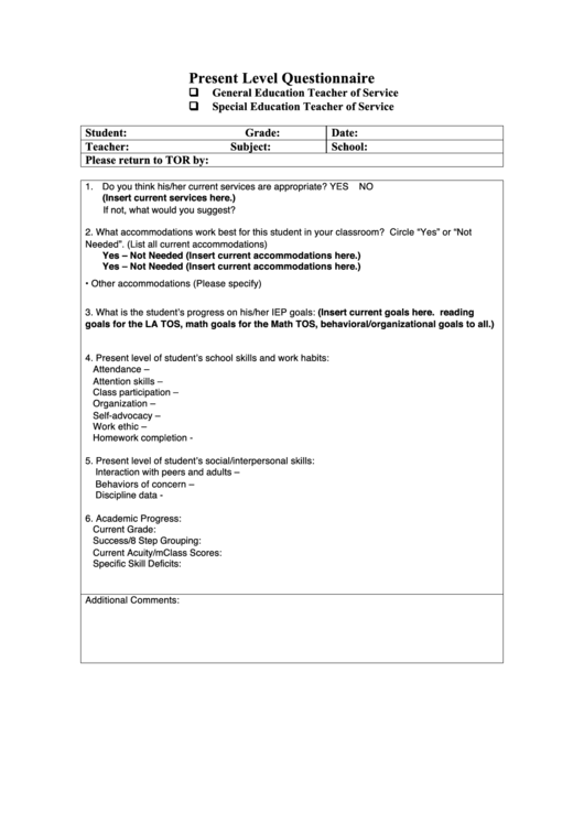 Present Level Questionnaire Printable pdf