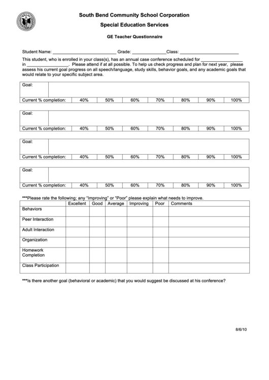 Fillable Ge Teacher Questionnaire Printable pdf