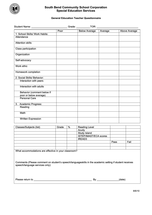 General Education Teacher Questionnaire Printable pdf