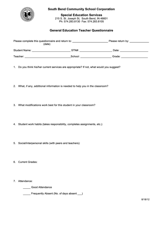 Fillable General Education Teacher Questionnaire Template Printable pdf