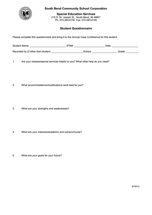 Student Questionnaire Printable pdf
