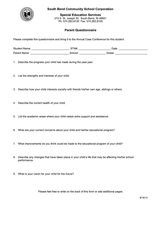 Parent Questionnaire Printable pdf