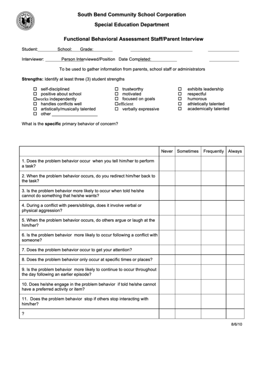 Functional Behavioral Assessment Staff/parent Interview Printable pdf