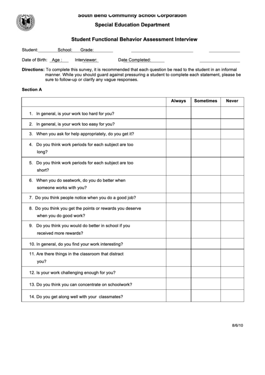 Student Functional Behavior Assessment Interview Printable pdf