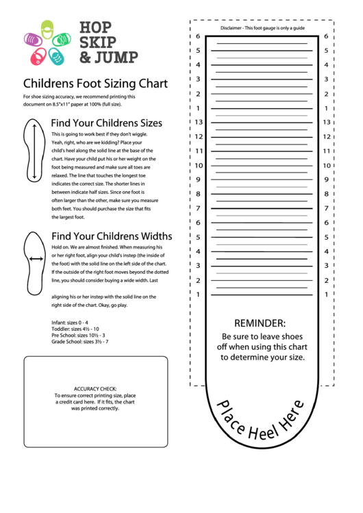 Hop Skip & Jump Childrens Foot Sizing Chart Printable pdf