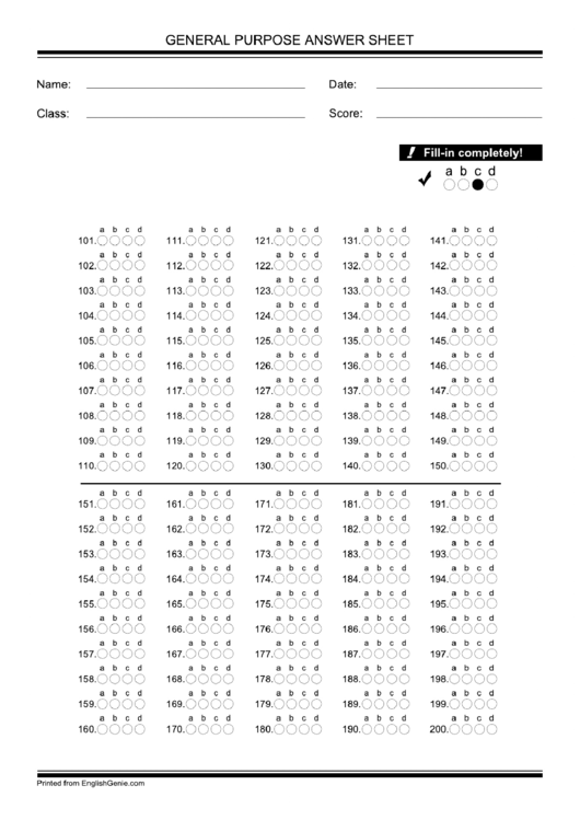General Purpose Answer Sheet Printable pdf