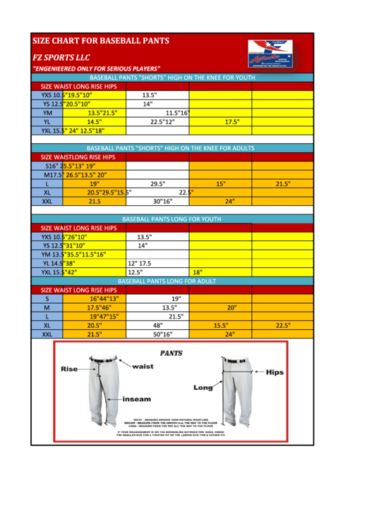 Top Baseball Pants Size Charts free to download in PDF format