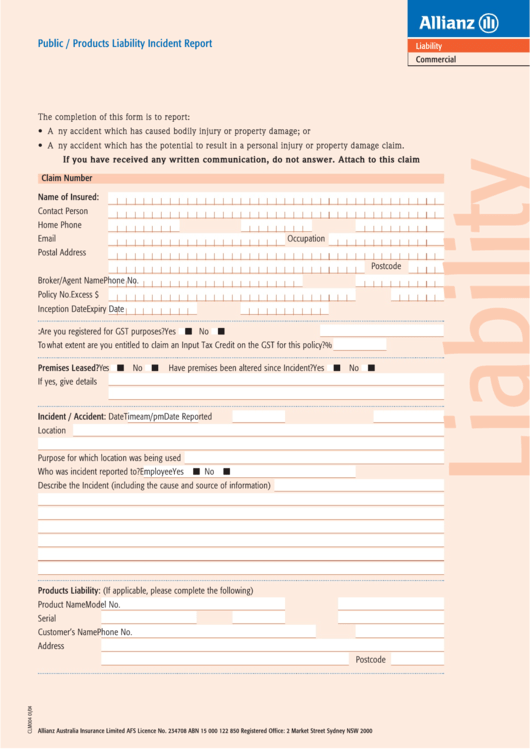 Public / Products Liability Incident Report Form Printable pdf