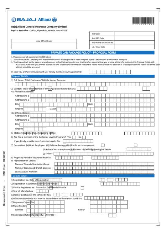 Bajaj-Allianz Motor Insurance Proposal-Form Printable pdf
