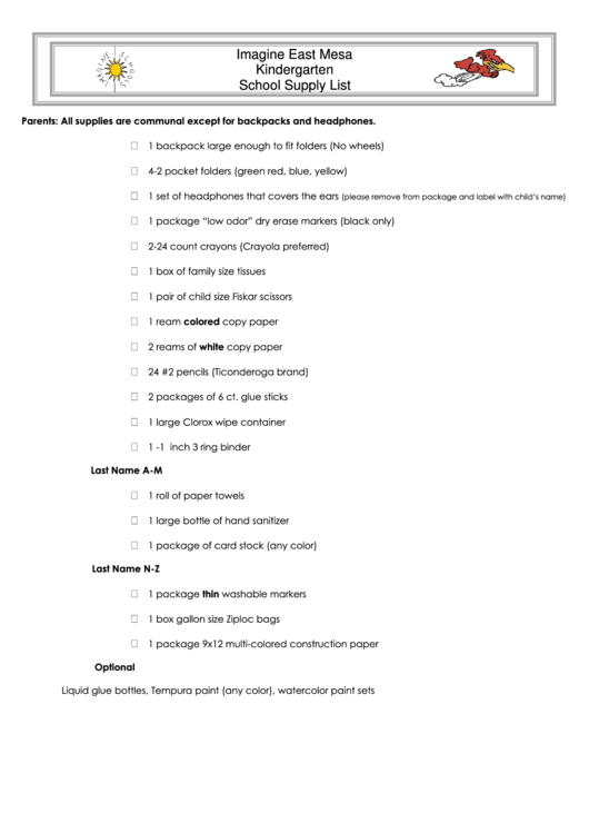Kindergarten School Supply List Printable pdf
