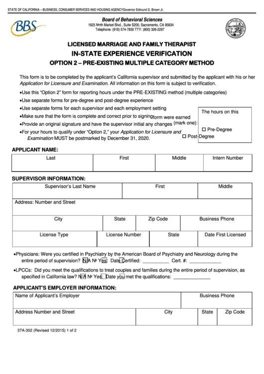 Licensed Marriage And Family Therapist In-State Experience Verification - Pre-Existing Multiple Category Method Printable pdf