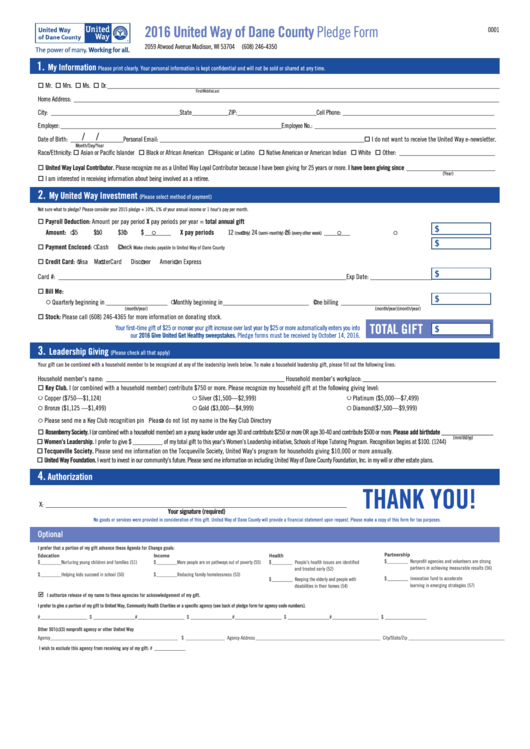 Fillable United Way Of Dane County Pledge Form Printable pdf
