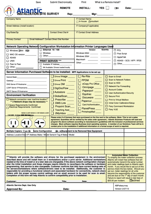 Fillable Installation Site Survey Form - Atlantic Printable pdf