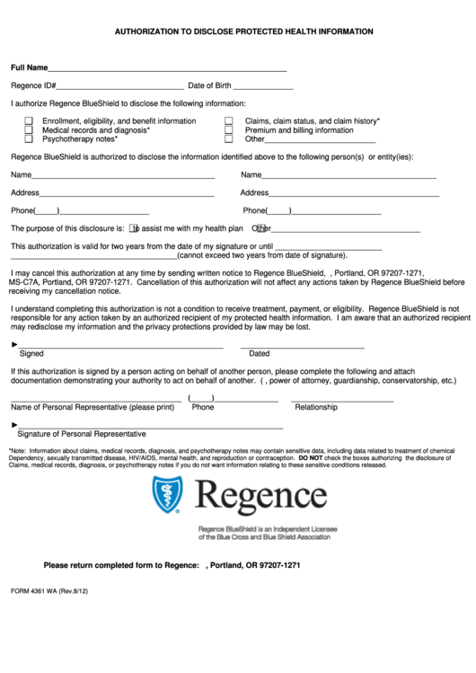 Form 4361 Wa - Regence Authorization To Disclose Protected Health Information Printable pdf