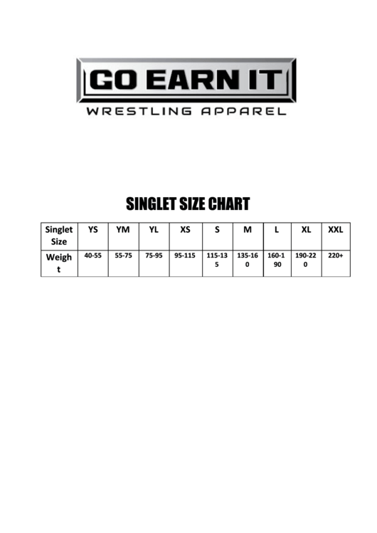 Go Earn It Singlet Size Chart Printable pdf