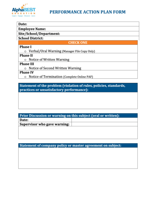Performance Action Plan Form Printable pdf