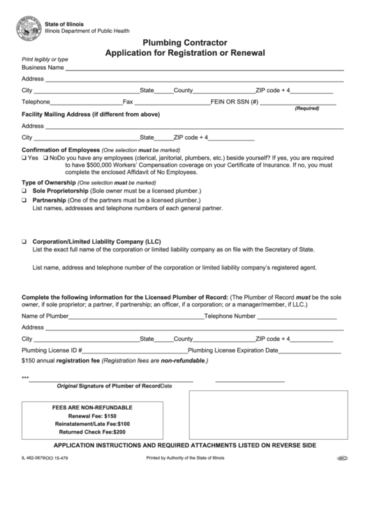 Fillable Plumbing Contractor Application For Registration Or Renewal Printable pdf