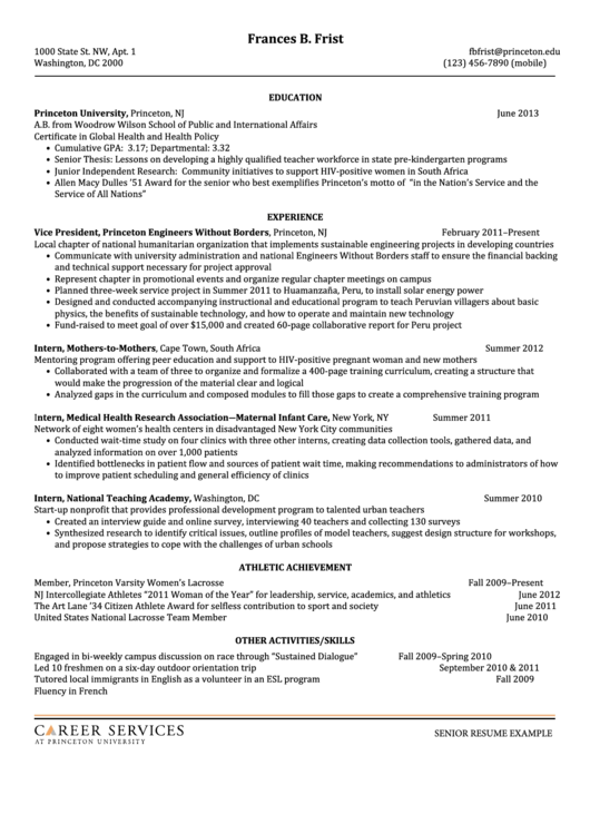 Senior Sample Resume Remplate Printable pdf