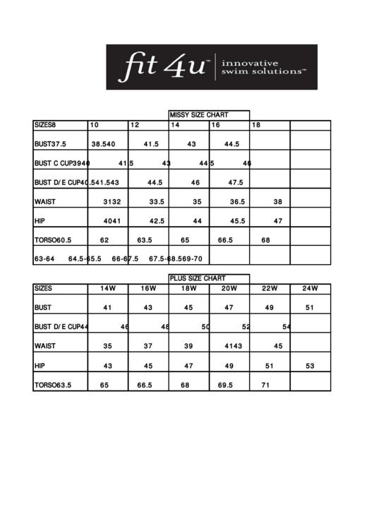 Fit 4u Swimwear Size Chart - Missy & Plus Size Printable pdf