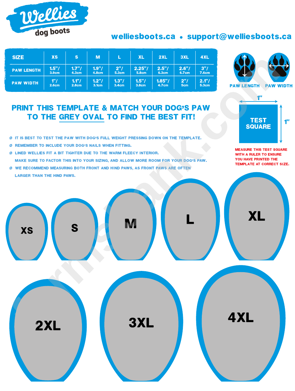 Wellies Dog Boots Sizing Chart