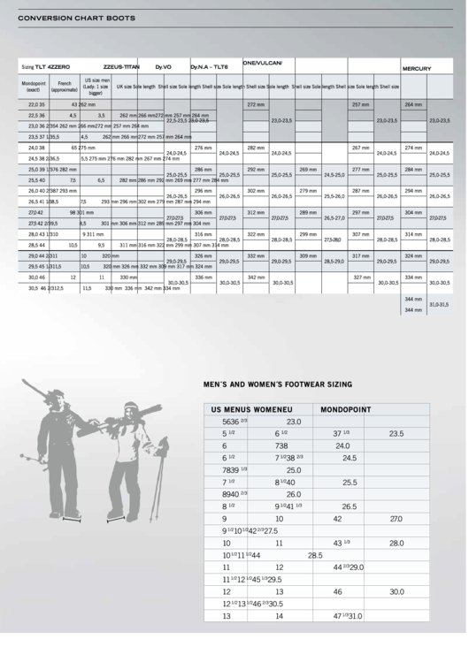 Ski Boot Size Conversion Chart Printable pdf