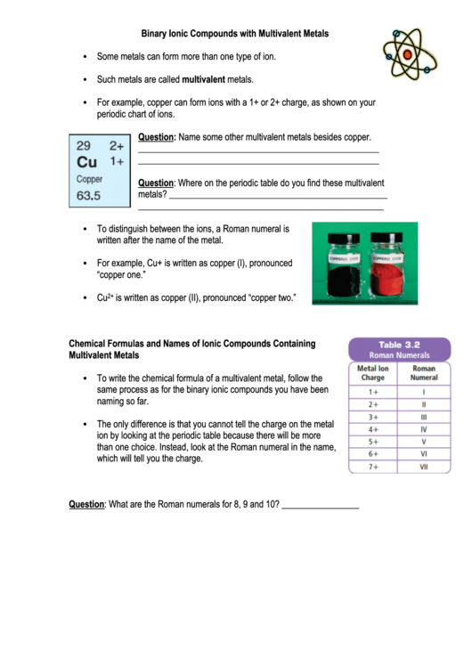 Binary Ionic Compounds With Multivalent Metals Worksheet Printable pdf